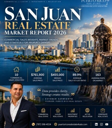 San Juan Real Estate Market Report 2026: Explore commercial sales, prices, market trends and selling strategies with Esteban Sarmiento, Founder of Puerto Rico Real Estate, your advisor for commercial real estate, luxury properties and Act 60 relocation in Puerto Rico.